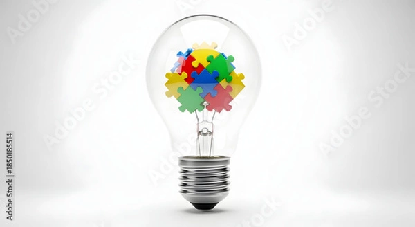 Fototapeta A lightbulb with colorful puzzle pieces inside on white background representing creativity and problem solving