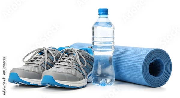 Fototapeta Fitness equipment with sneakers, water bottle, and yoga mat isolated on white background for healthy exercise routine