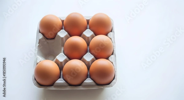 Fototapeta Brown eggs in a cardboard carton on a white surface for breakfast or baking