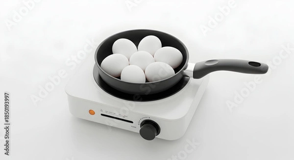 Fototapeta A small electric stove with a frying pan containing several eggs on top isolated on white background