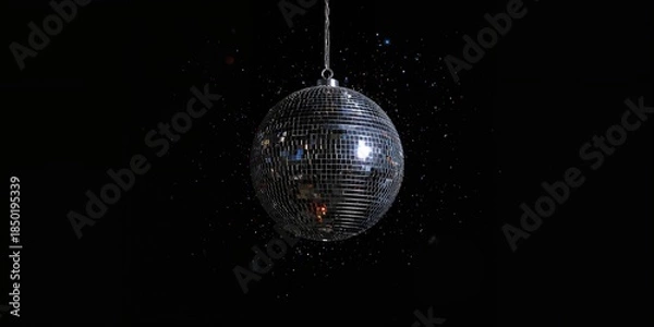 Fototapeta Disco ball with reflective surface on dark backdrop serving as a decorative element for party invitations, silver theme