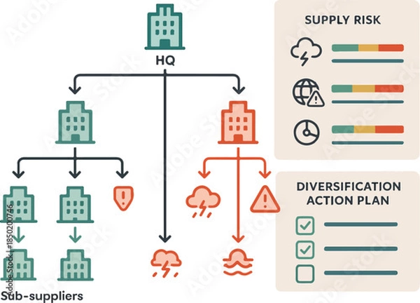 Fototapeta Global Supplier Network with Vulnerability Indicators — Risk Management Vector