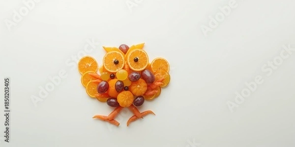 Obraz Creative food sculpture featuring an owl crafted from carrots, grapes, orange, and tangerine, emphasizing playful presentation