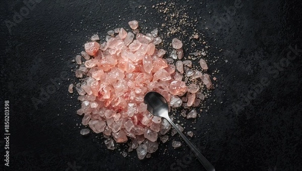 Obraz Pink Himalayan salt crystals displayed on black surface for culinary or health-related use, World Salt Awareness Day