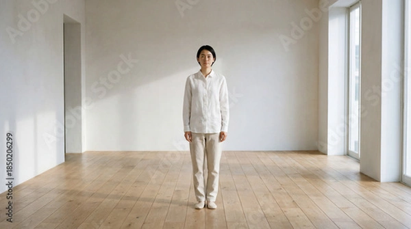 Obraz 白いミニマルな部屋に佇む日本人のポートレート