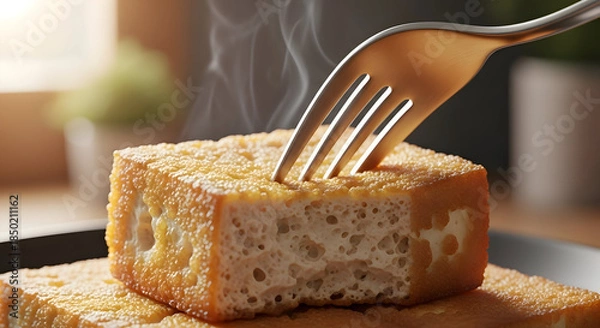 Obraz Warm cake being pierced with a fork on a plate in a cozy kitchen