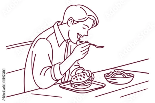 Obraz Minimalist line drawing of man eating food at dining table