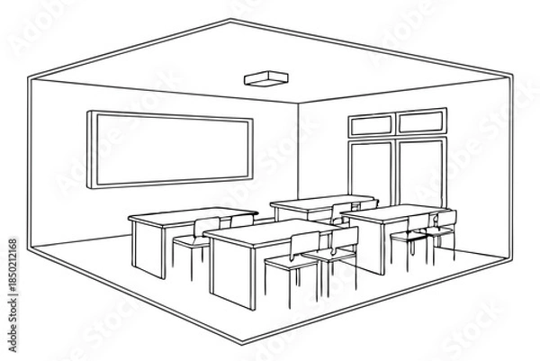 Obraz School classroom interior design with white board line drawing