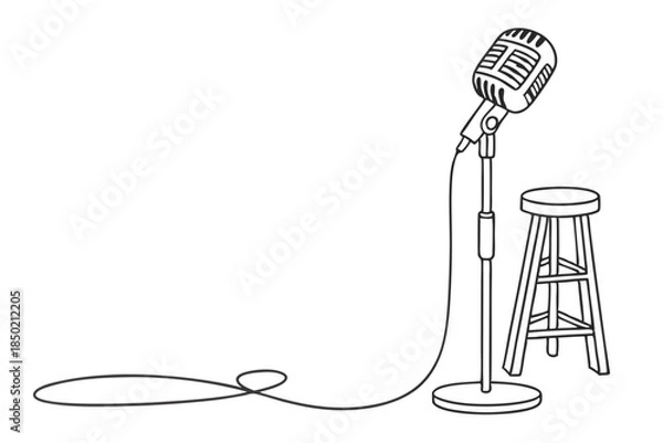 Obraz Stage microphone with stool performance setup simple line drawing