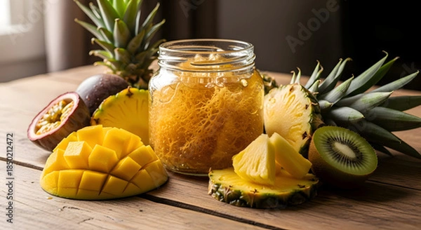 Obraz A jar of brown sugar with sliced mango,  kiwi,  and pineapple on a wooden table