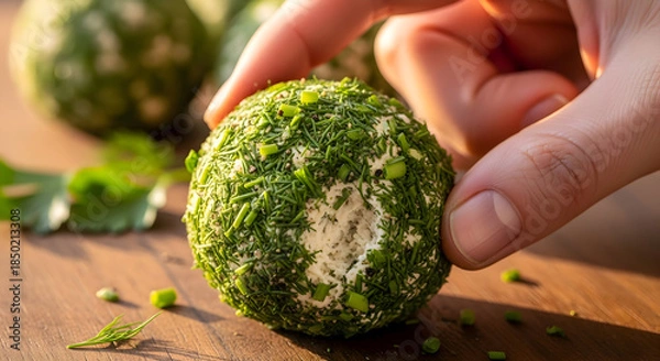 Obraz Hand holding a ball of cheese coated with herbs on a wooden surface with green leaves