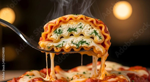 Obraz A slice of hot cheesy lasagna on a fork with melted mozzarella cheese strings