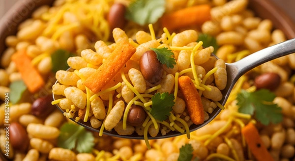 Obraz A spoonful of mixed bean and vegetable curry with herbs