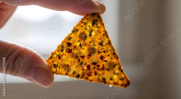 Obraz A hand holding a triangular shaped cracker with herbs and spices on a blurred background
