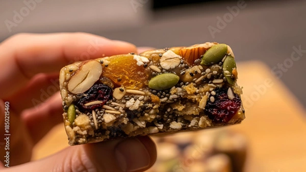 Obraz A hand holding a homemade granola bar with nuts and dried fruits
