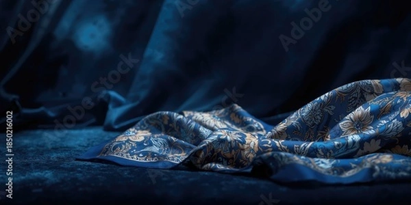Obraz Blue and white floral scarf fabric serving as an aesthetic background in textile applications