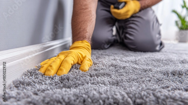 Obraz Worker checking soft carpet installation with glove