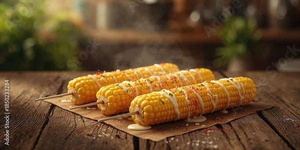 Obraz Young milk corn on a background, food processing and presentation methods