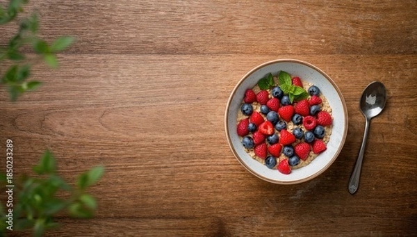 Obraz Oatmeal bowl with blueberries, raspberries, and strawberries, suitable for nutritious morning meals