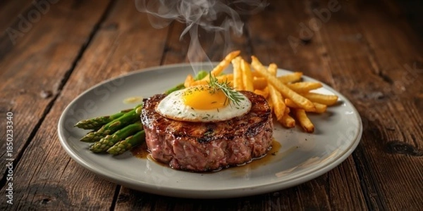 Obraz Cooked steak with asparagus and fried egg paired with crispy french fries, emphasizing meal composition and presentation