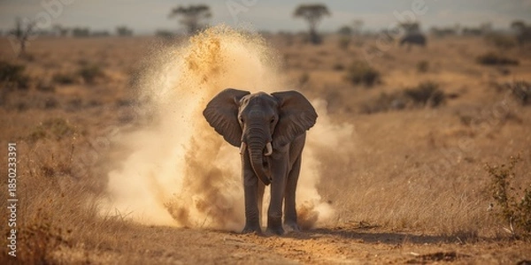 Obraz Juvenile African elephant engaging in dust bathing, a natural cooling and skin care activity