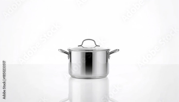 Obraz Metal cookware, steel pot with lid in a kitchen setting emphasizing utensil maintenance, white background