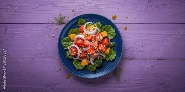 Obraz Vegan salad with peppers, tomatoes, onions, and broccoli on a blue plate for a fiber-rich meal, World Vegan Day