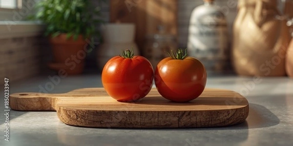 Obraz A pair of ripe organic tomatoes prepared on a cutting board in the kitchen, focusing on fresh ingredients for meal prep, National Nutrition Month