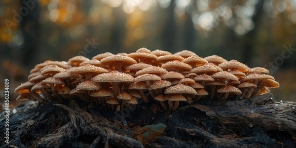 Obraz Group of edible mushrooms clustered on a dry fallen tree, highlighting wild harvest, World Mycology Day