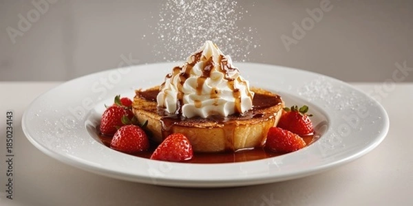 Obraz Dessert with whipped cream and honey drizzled on top, highlighting indulgence and flavor, suitable for food styling