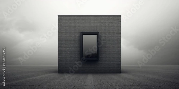 Obraz Modern window design on a brick exterior wall under cloudy sky, suitable for architectural detail backgrounds