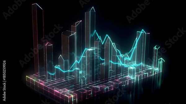 Fototapeta Dynamic Neon Data Visualization: Glowing 3D Bar Chart with Fluctuating Cyan Line Graph
