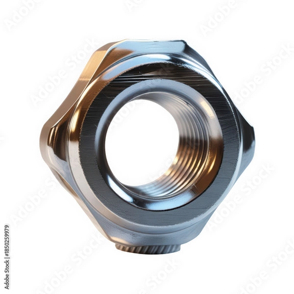 Obraz Shiny metal hex nut with threaded hole on transparent background