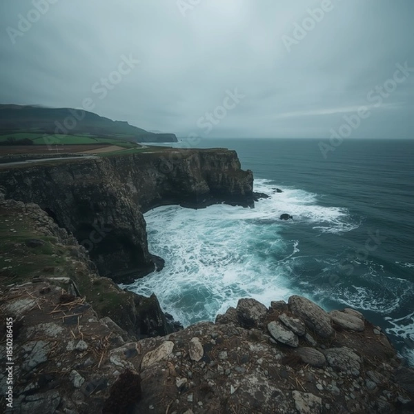 Obraz Dramatic Ocean Waves Crashing Against Rugged Cliffs on Overcast Day