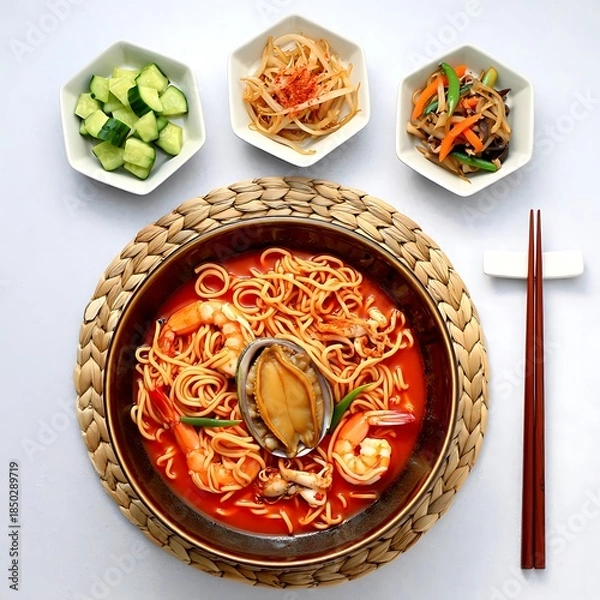 Obraz Delicious seafood noodle soup with side dishes on table