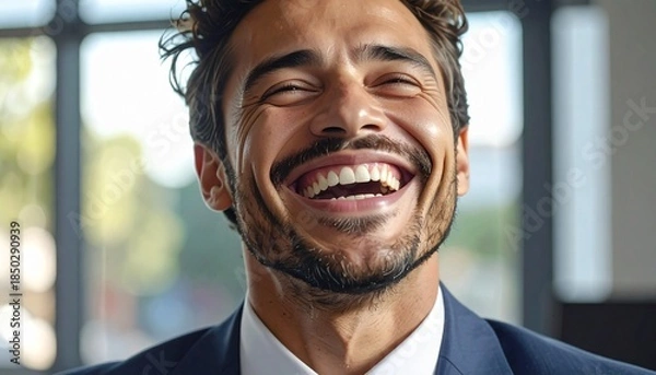 Fototapeta Close-up Portrait of a Handsome Bearded Businessman Laughing Heartily in a Modern Office Setting