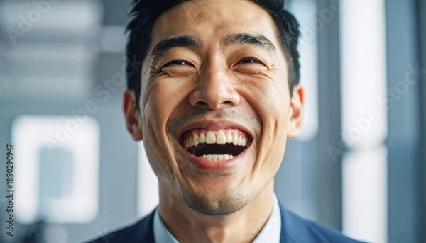 Fototapeta Close Up Portrait of a Cheerful Asian Businessman Laughing Heartily in a Modern Office: Happy Corporate Executive Smiling with Genuine Joy and Success