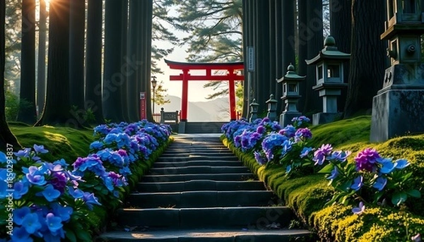 Obraz Serene Torii Gate Path Lined with Hydrangeas and Lanterns