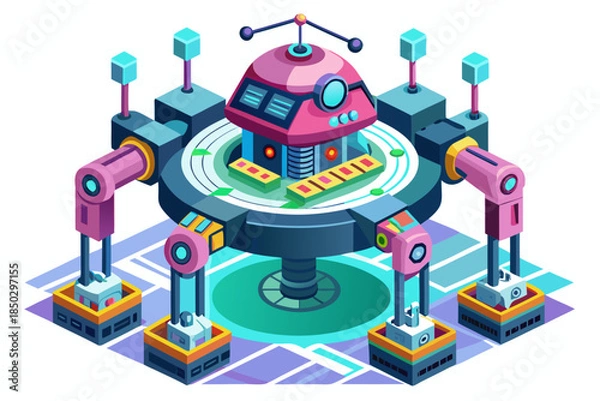 Obraz High-tech holographic robotic assembly system on white background