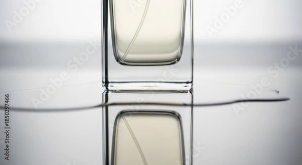 Obraz A perfume bottle sits with a liquid reflection on a white surface.