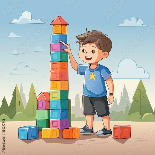 Obraz Little Boy Building a Tower with Blocks 1