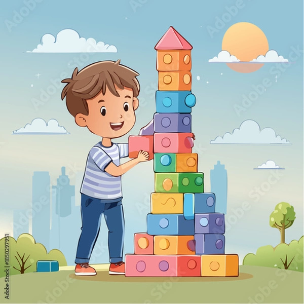 Obraz Little Boy Building a Tower with Blocks 2