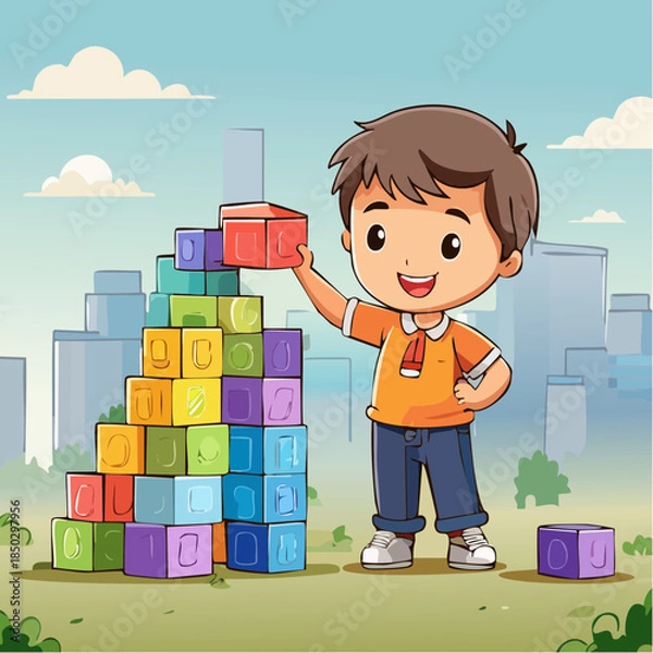 Obraz Little Boy Building a Tower with Blocks 3