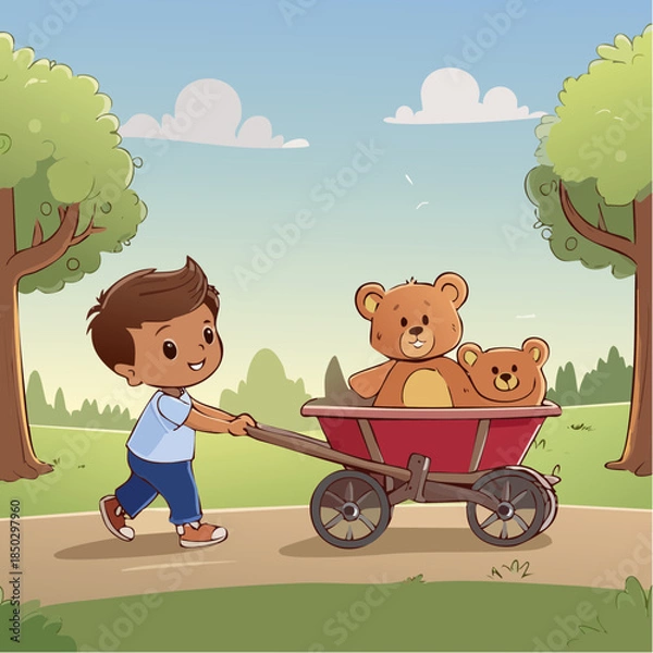Obraz Little Boy Pulling His Teddy Bear in a Red Wagon 6