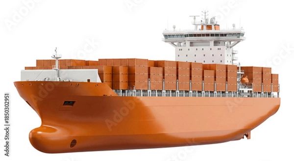 Fototapeta Container ship featuring a unique orange hull and elevated bridge deck.