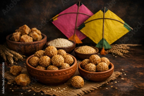 Obraz Festive Makar Sankranti Sweets and Decorations
