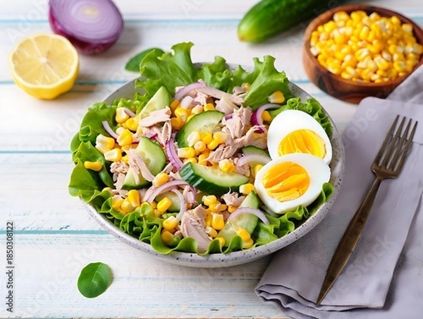 Obraz Fresh tuna salad with vegetables and egg on plate