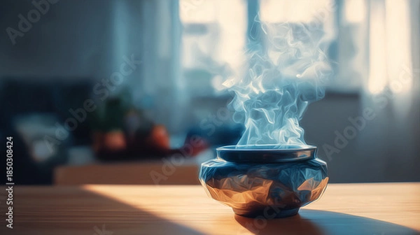 Obraz 窓辺の棚に置かれた香皿が、朝の静けさと香りを感じさせる穏やかな室内空間の水彩ポリゴン