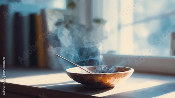 Obraz 窓際で香炉から立ちのぼる香りが、静かな時間を演出する和モダンな暮らしの情景の水彩ポリゴン