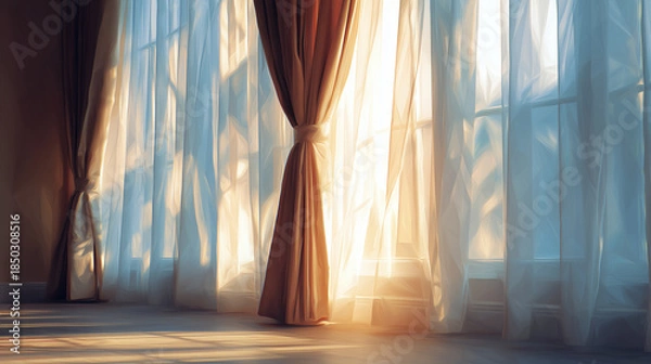 Obraz 夕陽をやさしく取り込むリビングのカーテンが、静かな一日の始まりを感じさせる暮らしの情景